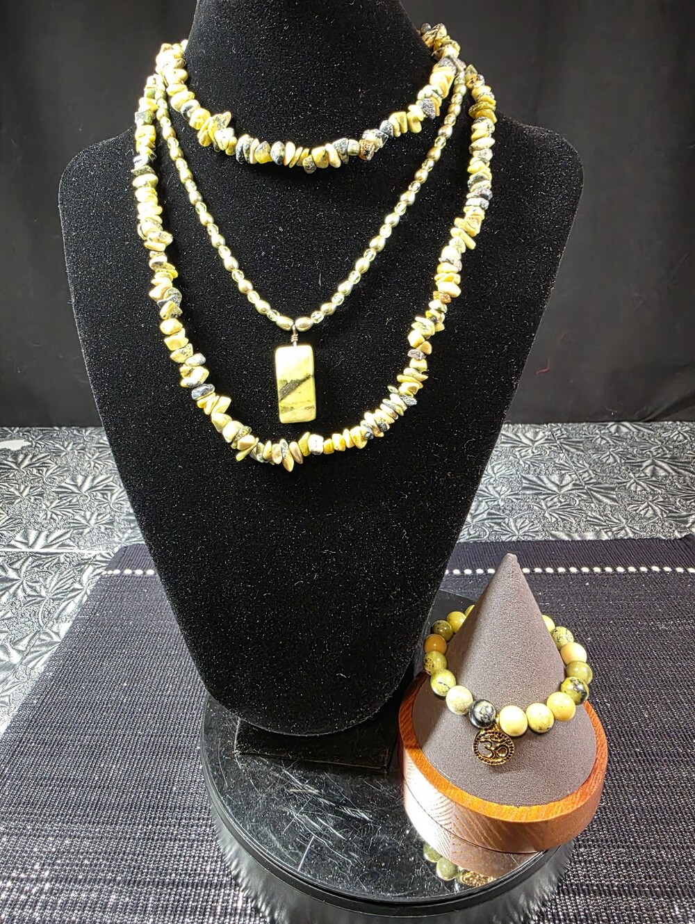 Yellow Turquoise/Zebra Jasper 14/20 Freshwater Pearls-Chip Necklace & Braclet